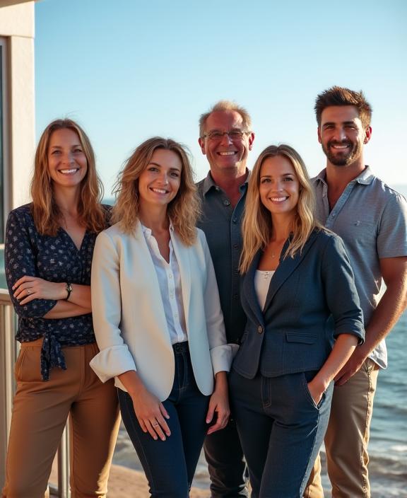 The Billabong Stays leadership team in a professional yet relaxed setting in Broadbeach