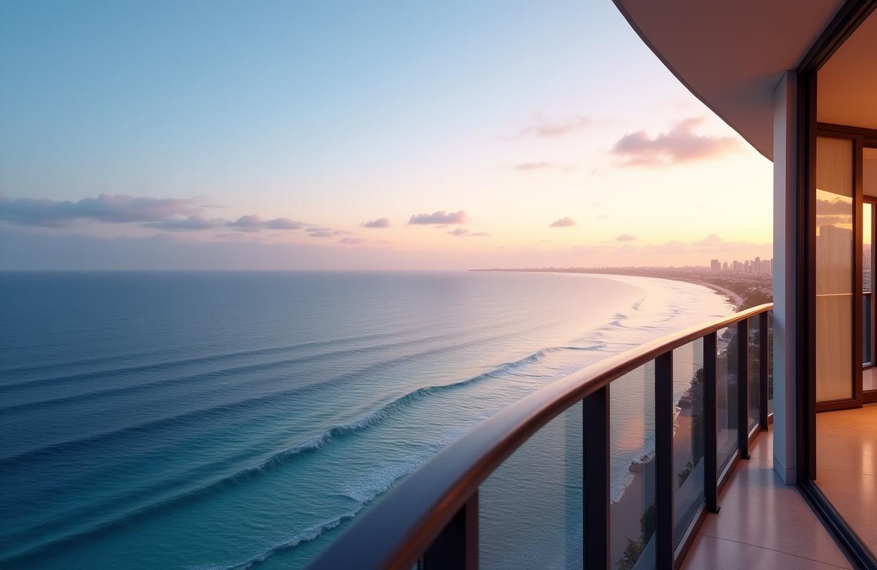 Panoramic ocean view from a luxury apartment balcony in Broadbeach