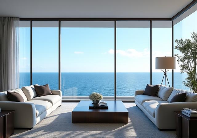 Spacious living room of The Oracle Penthouse with ocean views